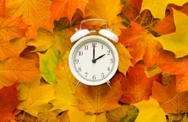 Reloj despertador contra un fondo de hojas otoñales.