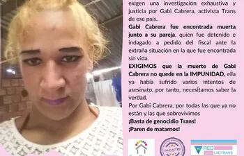 Gabi Cabrera, 23 años, trans, actriz de teatro e integrante de Casa Diversa, fue hallada muerta a orillas de un arroyo en San Lorenzo.