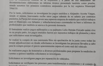Nota de denuncia del concejal Alex Méndez ante el Ministerio Público por presunta lesión de confianza por parte del intendente Víctor Garay (ANR).