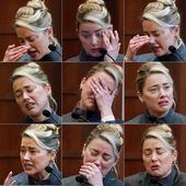Un collage de fotografías de Amber Heard tomadas durante su declaración de hoy en la corta de Fairfax. Dijo que temía que Johnny Depp la matara.