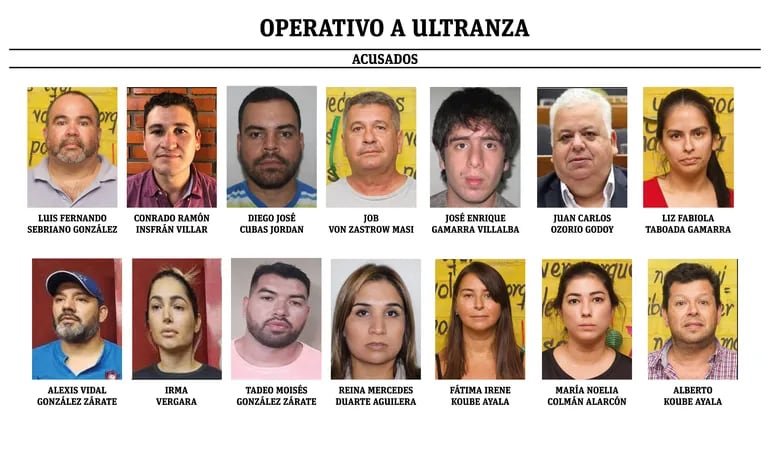 Los 14 acusados en el operativo A Ultranza, por los hechos de tráfico internacional de drogas, lavado de dinero y asociación criminal.
