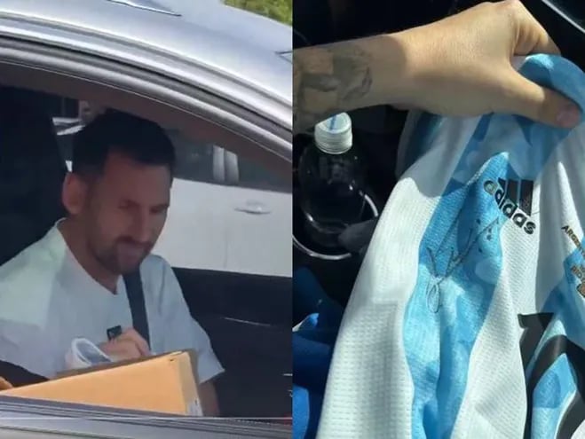 Lionel Messi firma una camiseta de la Selección de Argentina.