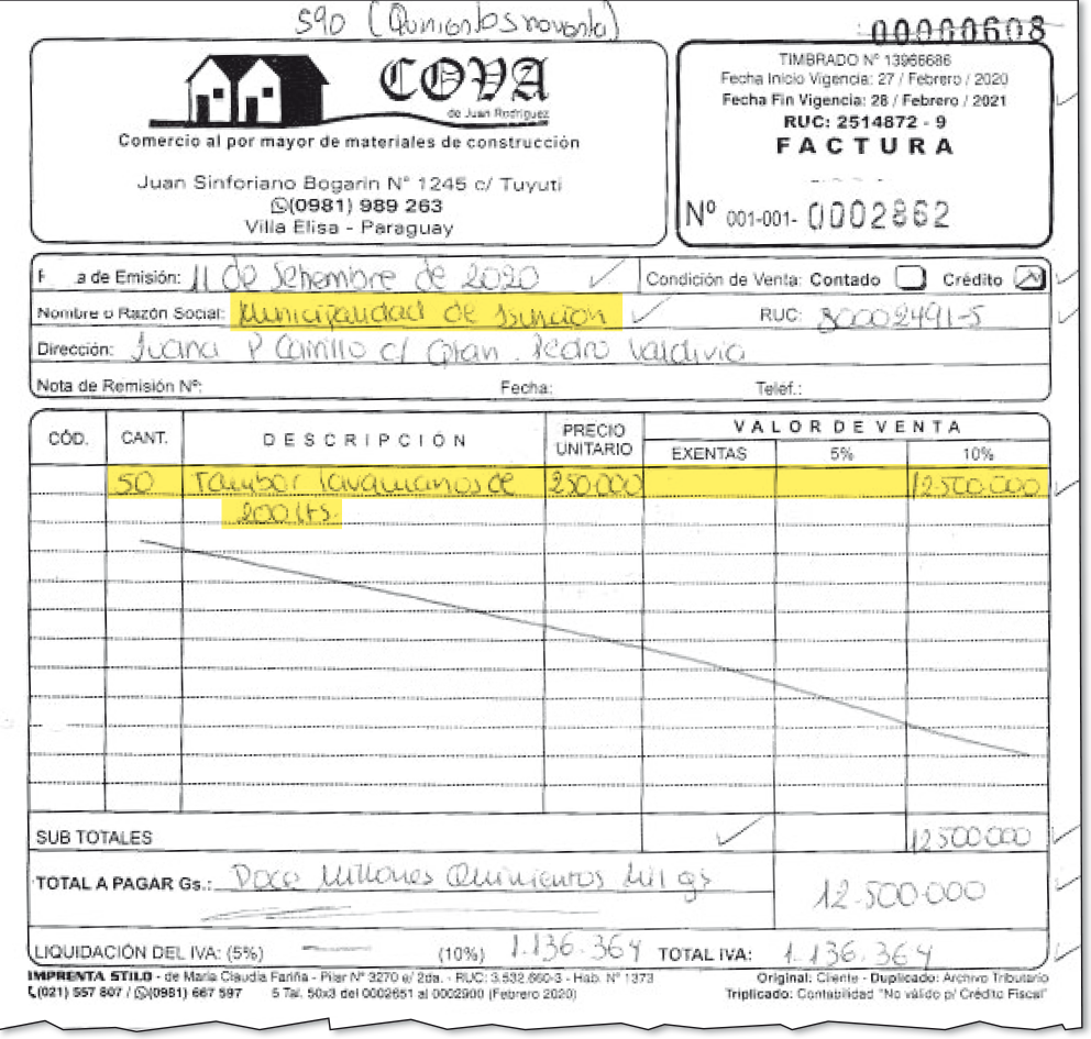Una de las facturas de Cova por la adquisición de los artículos a G. 250.000 la unidad.