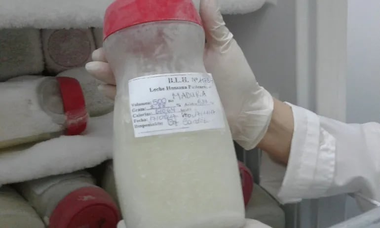 La leche materna donada se conserva en frascos de vidrio con tapas de plástico.