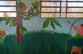 Mural de la artista Patricia Ayala en la escuela aché Jamo Jukugi de Avaí, Caazapá.