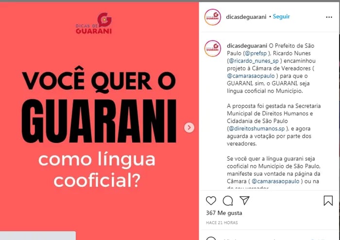 Jóvenes brasileños que difunden el guaraní en San Pablo abogan por la aprobación del proyecto planteado por el alcade de San Pablo, para que el guaraní sea idioma oficial del estado.
