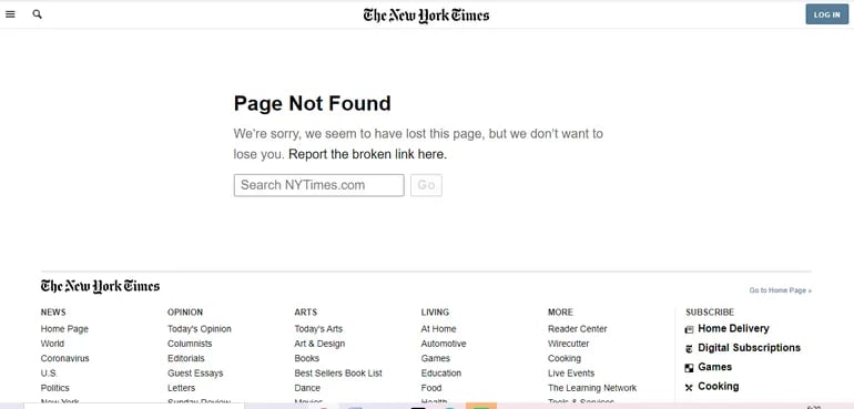 Este es el error que sigue apareciendo hasta estas horas en el portal de The New York Times.
