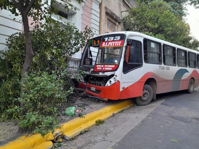 Bus que chocó contra un árbol en el centro de Asunción tras perder los frenos.