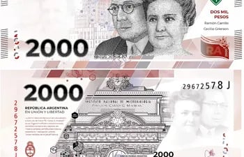 Billete de 2.000 pesos emitido por el Banco Central de Argentina en febrero y que entró en circulación en mayo. Desde hoy ingresan al mercado otros papel moneda del mismo valor con misma fuerza de cancelación. (archivo)