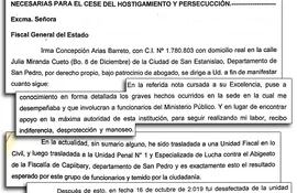 Párrafos de la denuncia presentada por la fiscala Irma Arias, en la Fiscalía General por caso de mobbing laboral que sufrió.
