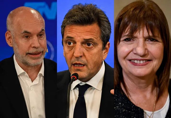 Los precandidatos presidenciales de Argentina: Horacio Rodríguez, Sergio Massa y Patricia Bullrich. (fotos de AFP y EFE)