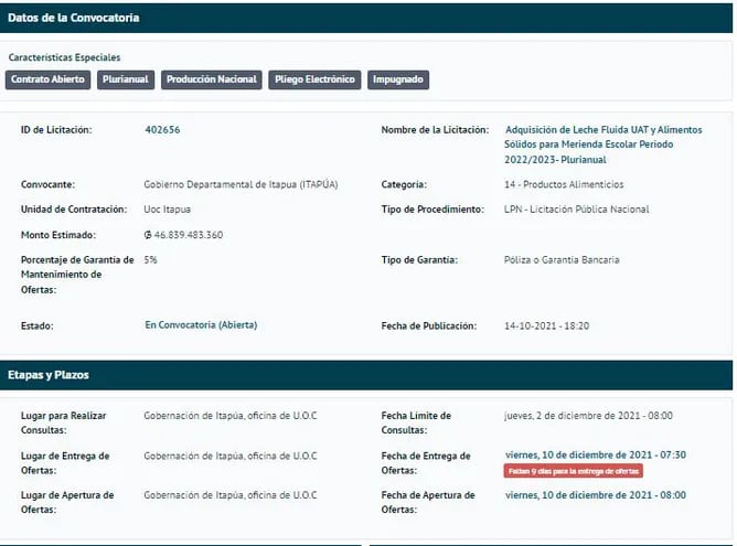 Captura de pantalla de la convocatoria en la cual se cambia la fecha de entrega de ofertas.