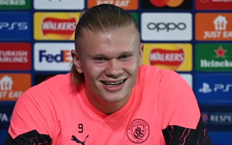 Manchester City's Norwegian striker #09 Erling Haaland attends a press conference at Manchester City's training ground in north-west England on March 5, 2024, on the eve of their UEFA Champions League Group round of 16 second-leg football match against FC Copenhagen. (Photo by Paul ELLIS / AFP)
