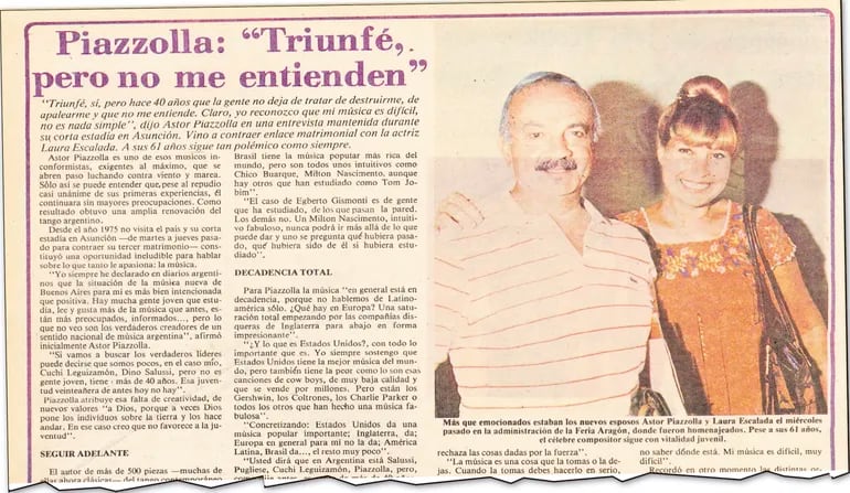 Fragmento de la entrevista que Astor Piazzolla concedió al periodista José Luis De Tone y que fue publicada en el suplemento de Arte y Espectáculos.