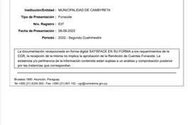 Certificado de la CGR de la presentación de rendición de cuentas realizada en septiembre del 2022 por el ex intendente Javier Pereira y actual candidato a gobernador de Itapúa por la Concertación Itapúa en Marcha.