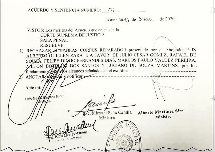 El documento por el cual la Corte rechaza el habeas corpus reparador presentado por el concejal departamental de Amambay a favor de los seis supuestos sicarios.