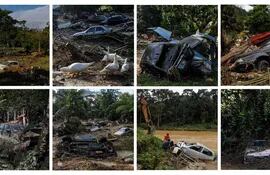 Una imagen compuesta de fotografías tomadas entre el 20 y el 22 de diciembre de 2021 muestra automóviles dañados afectados por inundaciones en Hulu Langat, cerca de Kuala Lumpur, Malasia.