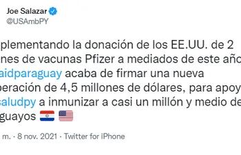 Joe Salazar, encargado de Negocios de los Estados Unidos en Paraguay anunció una nueva donación de USAID para la vacunación anticovid.