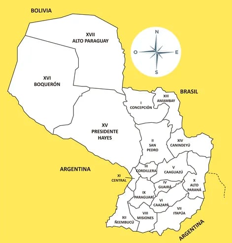 El mapa del Paraguay, con sus 17 departamentos y sus límites con los países vecinos