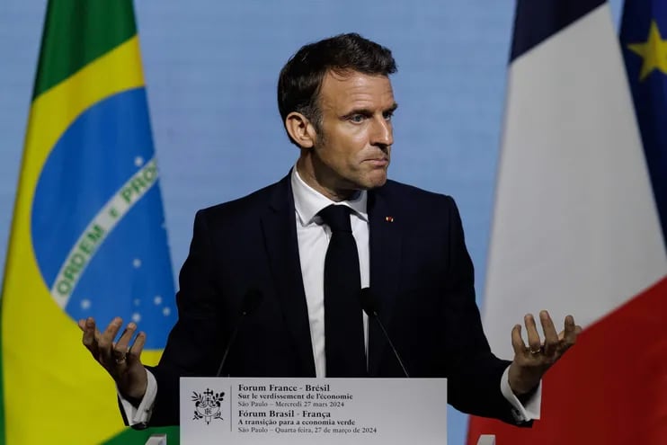 El presidente francés Emmanuel Macron habla durante el 'Foro Económico Brasil-Francia.