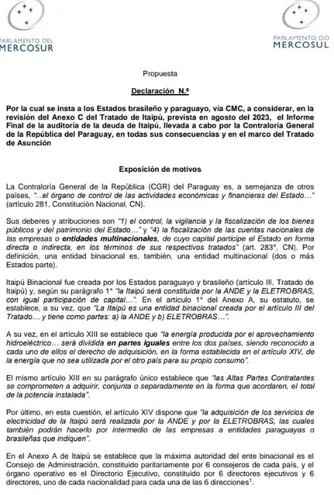 Parte del texto de la presentación realizada por los parlamentarios del Mercosur, de la delegación paraguaya.