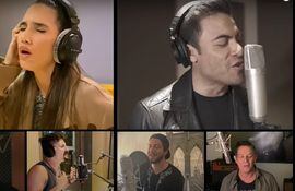 India Martínez, Carlos Rivera, Manuel Carrasco, Alejandro Sanz y otros durante en el videoclip de la nueva versión de "Himno a la alegría".