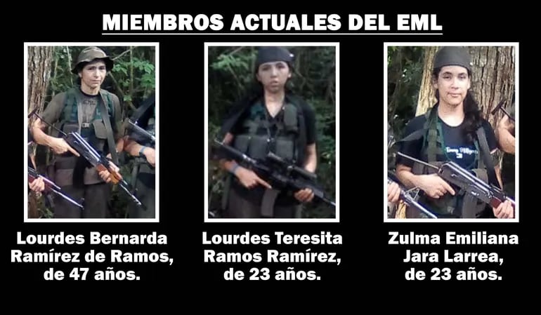 Lourdes Bernarda Ramírez, Lourdes Teresita Ramos Ramírez y Zulma Emiliana Jara Larrea, miembros actuales del Ejército del Mariscal López (EML).