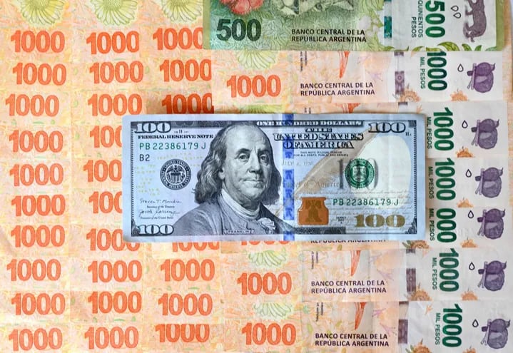 Un billete de 100 dólares estadounidense junto a otros de la moneda argentina. (AFP)