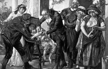 Edward Jenner, médico y pionero de la vacunación, vacunando a James Phipps de 8 años con para proporcionar inmunidad contra la viruela.
