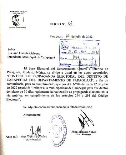 Juzgado Electoral íntima a los municipios de Paraguarí para reglamentar ley electoral.