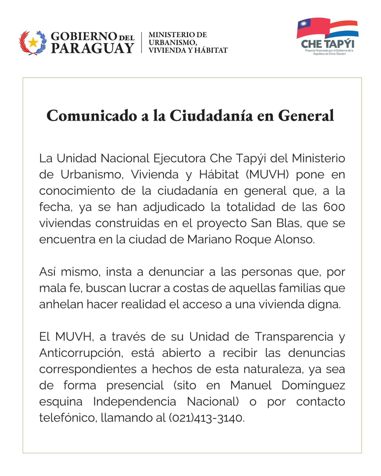 MUVH lanza comunicado por adjudicaciones del proyecto San Blas