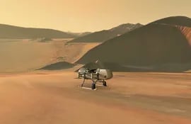 Recreación digital de la sonda Dragonfly de la NASA en Titán.