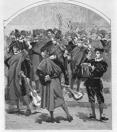 Grabado de "Le Monde Illustré" sobre la tuna española en el carnaval de París de 1878