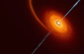 El Observatorio Europeo Austral (ESO) ha detectado el caso más lejano nunca registrado de un episodio poco frecuente en el que una estrella es devorada por un agujero negro que luego expulsa sus sobras en forma de un chorro. EFE/Observatorio Europeo Austral SOLO USO EDITORIAL/SOLO DISPONIBLE PARA ILUSTRAR LA NOTICIA QUE ACOMPAÑA (CRÉDITO OBLIGATORIO)
