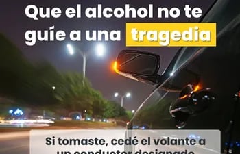 Mensaje del Ministerio de Salud para evitar el consumo de bebidas alcohólicas al momento de conducir.