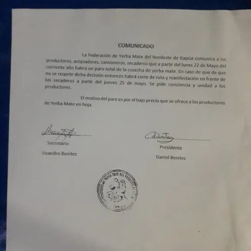 Comunicado de la Federación de Productores de Yerba del Nordeste de Itapúa, donde declaran un paro y advierten sobre cierre de rutas.