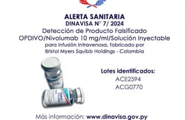 Dinavisa advierte sobre comercialización producto falsificado en dos lotes, en relación a un fármaco oncológico.