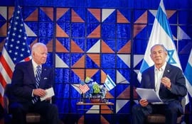 El presidente estadounidense Joe Biden y el primer ministro israelí Benjamin Netanyahu durante una conferencia en Tel Aviv, Israel. (archivo)