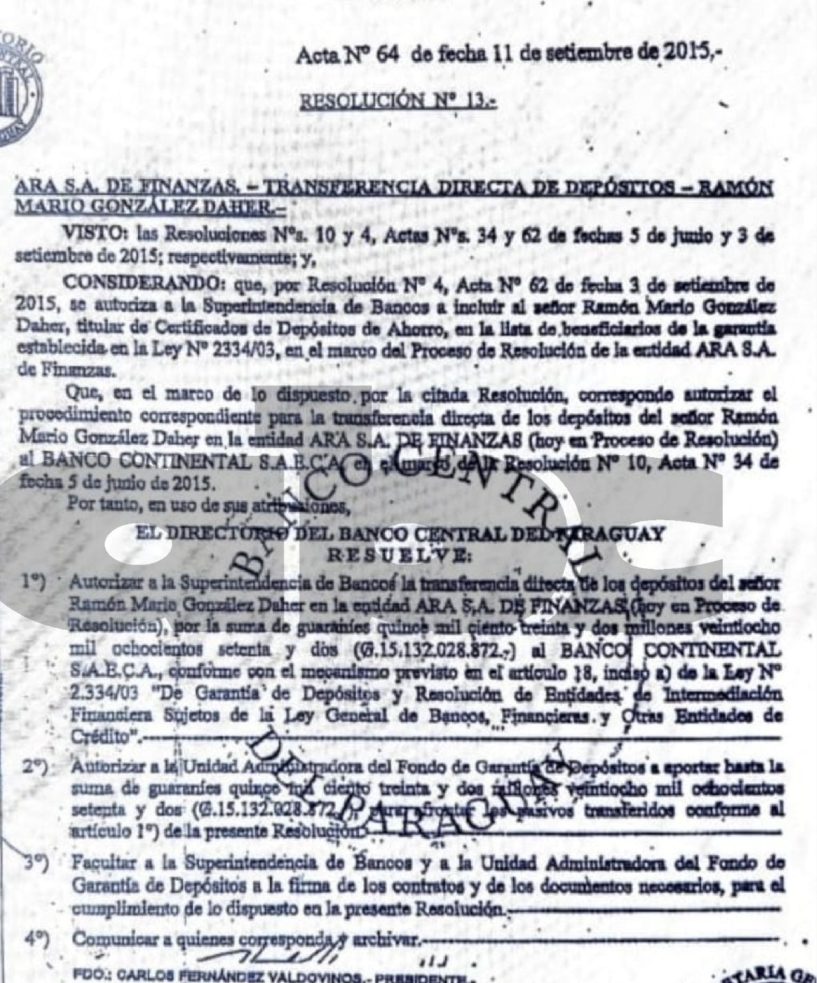 Resolución del Banco Central del Paraguay (BCP) sobre ARA S.A. de Finanzas y Ramón González Daher