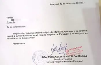 La notificación que recibieron las licenciadas afectadas por la disposición de la Directora de la IX Región Sanitaria, Dra. Auria Villalba.