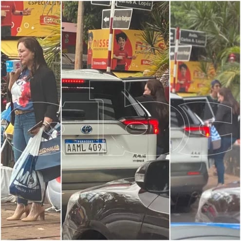 Secuencia de imagen de la diputada, primero esperando "su móvil" y luego abordando la camioneta de Itaipú.