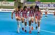 Las jugadoras de la selección paraguaya festejan uno de los once goles de la victoria 1--0 contra Perú en el comienzo del Mundial Femenino Colombia 2022 de Fútbol de Salón.