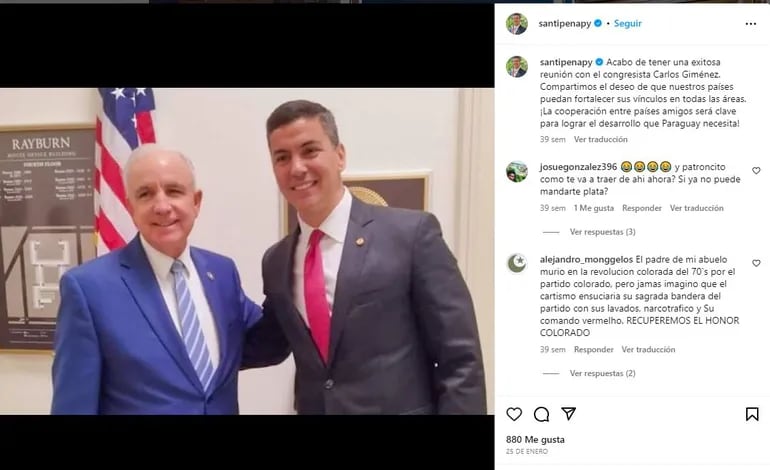 Publicación en redes sociales del ahora presidente Santiago Peña sobre una de sus reuniones en EE.UU. Acá posaba junto al congresista Carlos Giménez (PR)