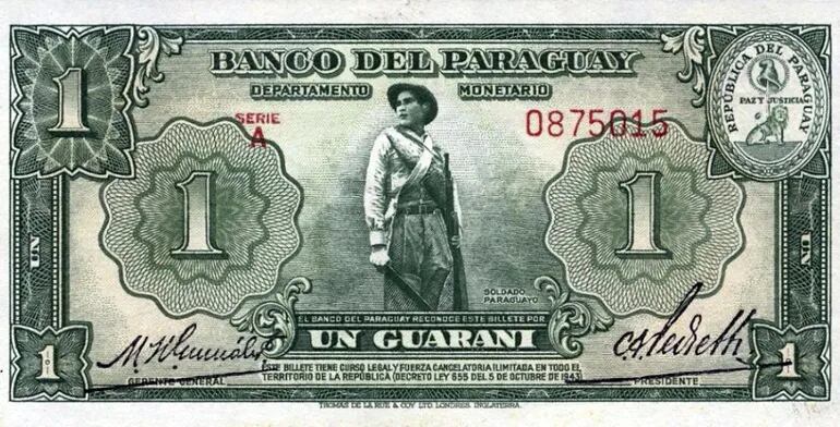 Billete de G. 1 serie 1943 con la inscripción Banco del Paraguay