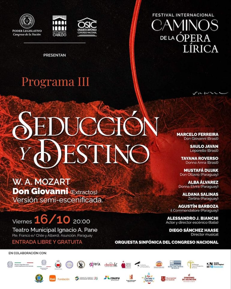 Cartel del festival con fondo rojo y texto que anuncia 'Don Giovanni' con artistas de Brasil y Paraguay, sin personas visibles.