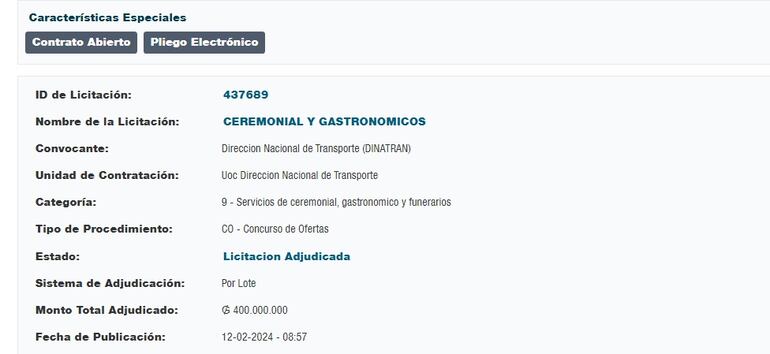 Millonario contrato de la Dinatran por el servicio de catering. 