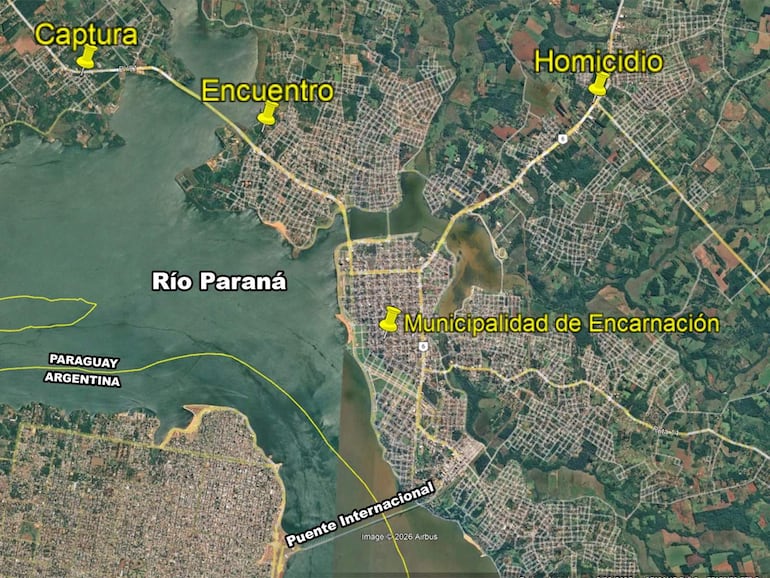 Mapa detallado de Encarnación señalando el Río Paraná y el Puente Internacional entre Paraguay y Argentina.