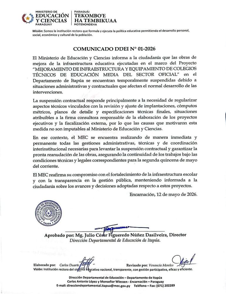 Comunicado del Ministerio de Educación, con texto formal sobre suspensión de obras en infraestructura educativa en Itapúa.
