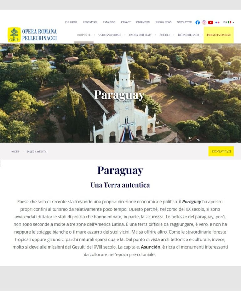 Desde hoy se publicita a Paraguay como destino turístico, a través de la agencia del Vaticano, Opera Romana Pellegrinaggi.