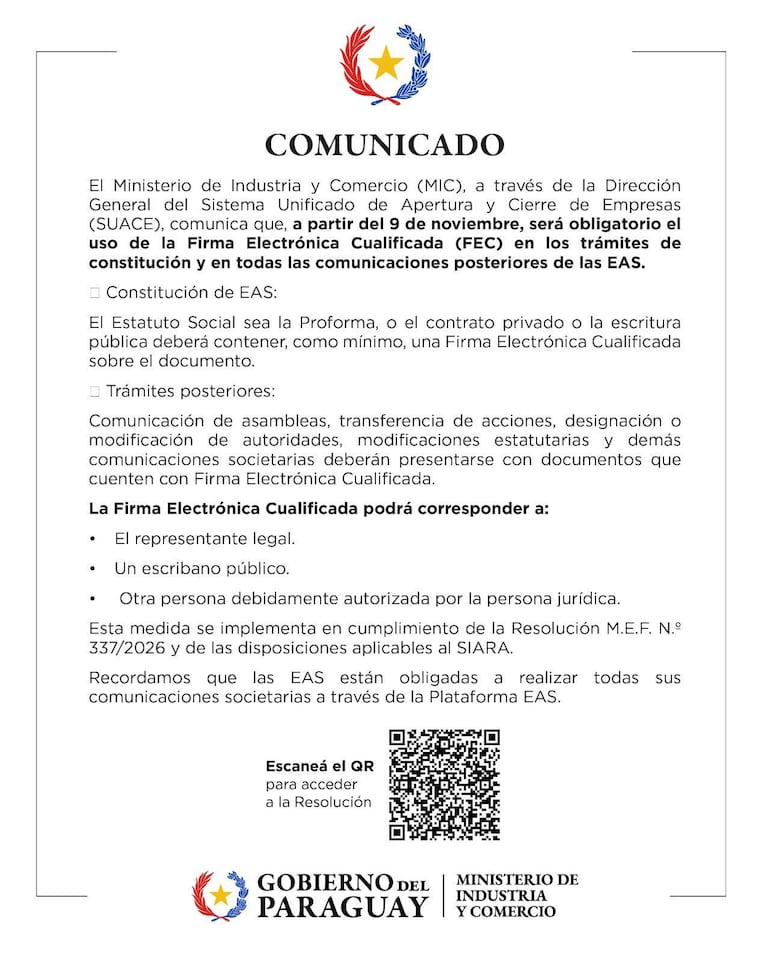 Comunicado formal del MIC sobre Firma Electrónica Cualificada con escudo nacional de Paraguay en encabezado.